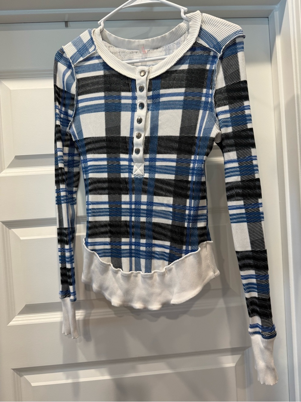 Plaid Ribbed Henley Top in Blue, Black & White
